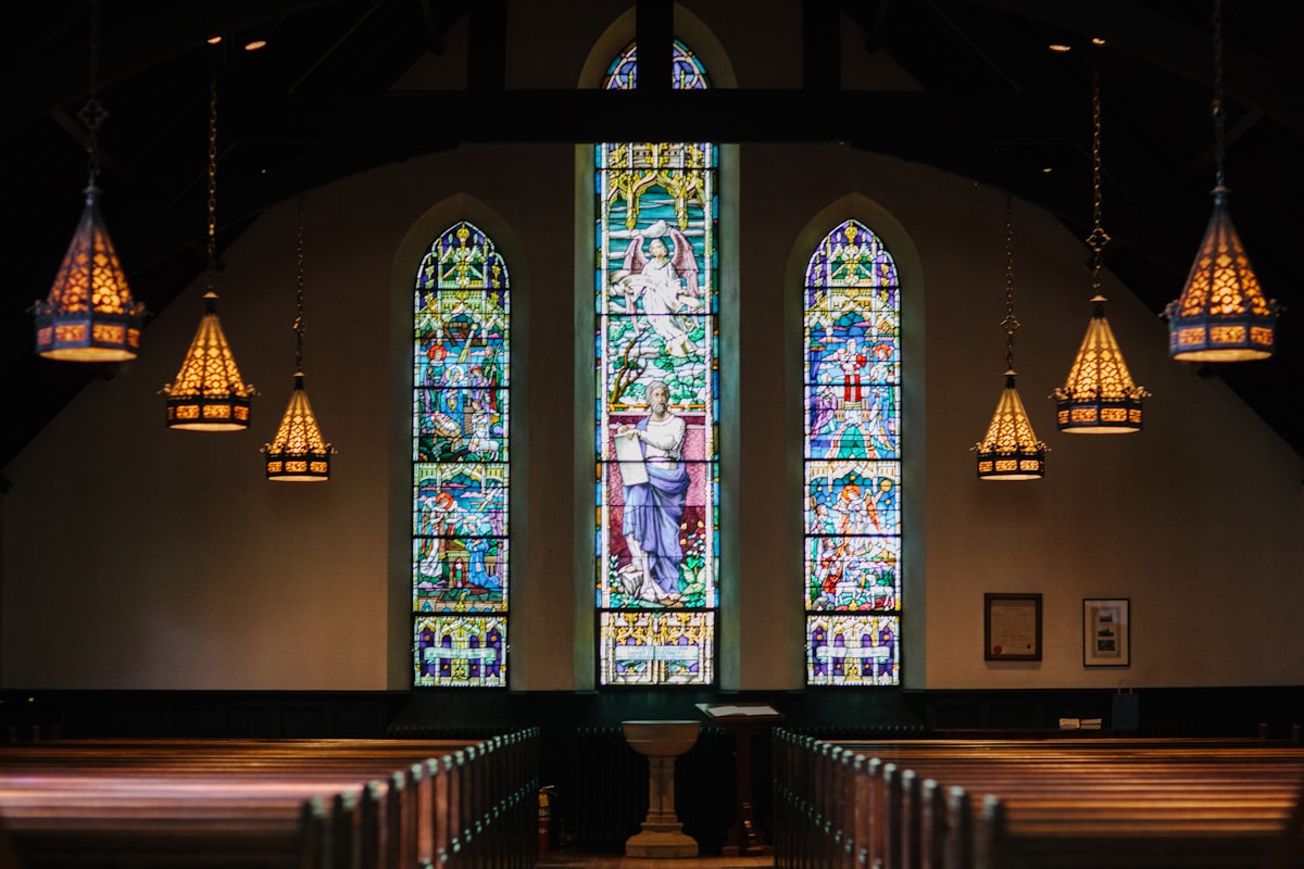 Beautiful church sanctuary with stained glass windows